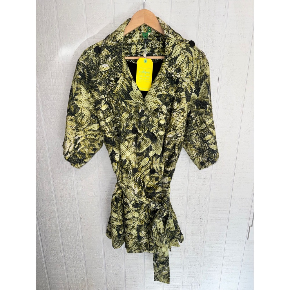 Farm Rio Summer Trench Coat Women Green Tropical Leaf Print Belted Size G L